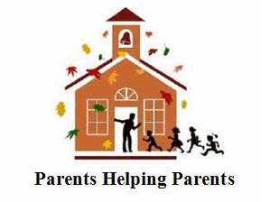 Parents helping parents. Schoolhouse with children running into it.